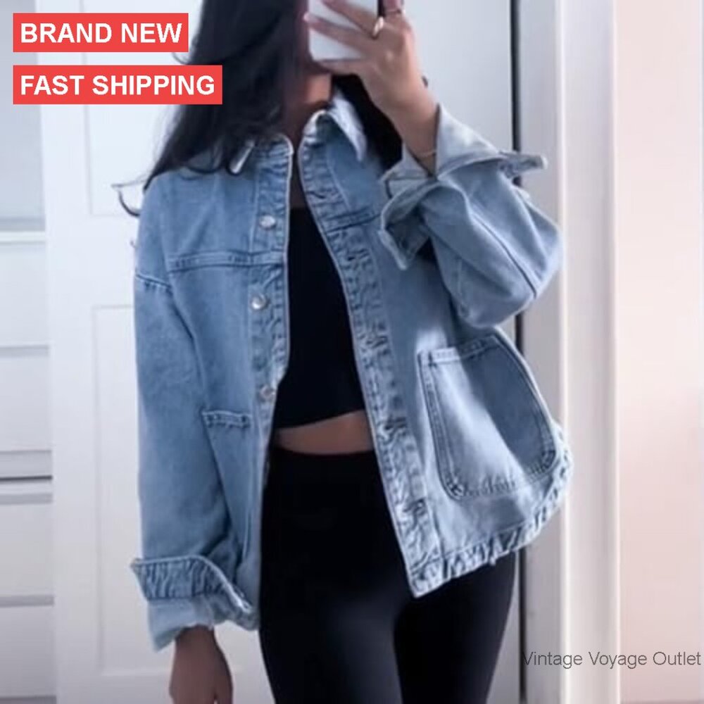 Oversized Denim Jacket with Pockets, Button Up Lo… - image 6